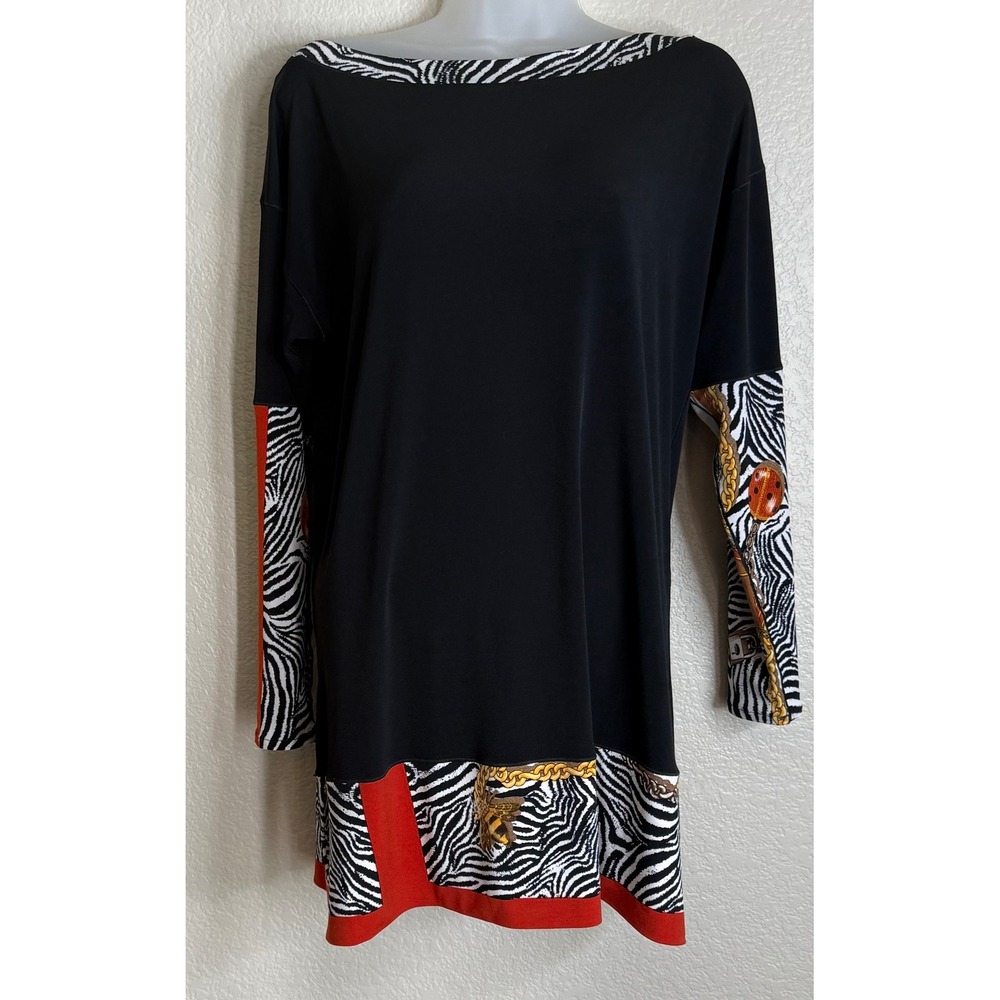 Eva Varro Womens S‎ Black Zebra Tunic Blouse Long Sleeve Bee Ladybug Career Chic